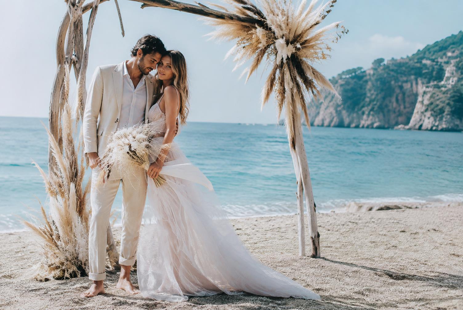 Barefoot couple beneath a driftwood arch on an Amalfi Coast beach