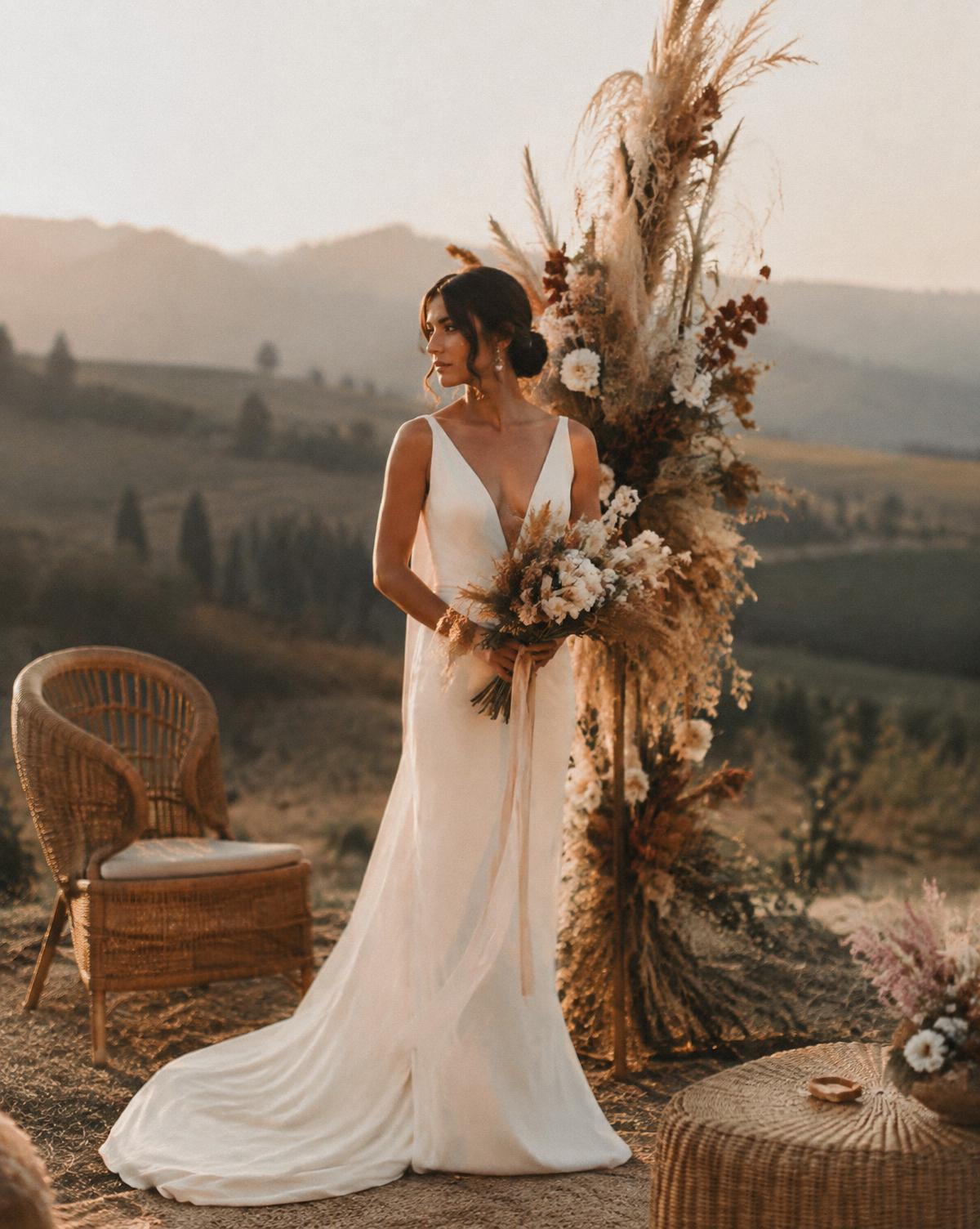 Bohemian bride in a minimalist gown beside a dried-floral arch in the Italian countryside