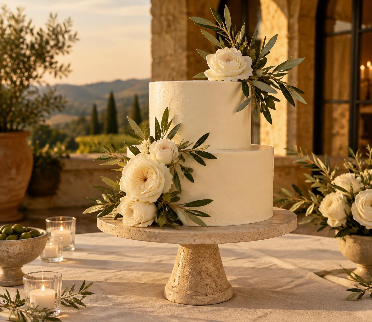 Minimalist ivory Italian wedding cake with olive branches and garden roses on a travertine stand