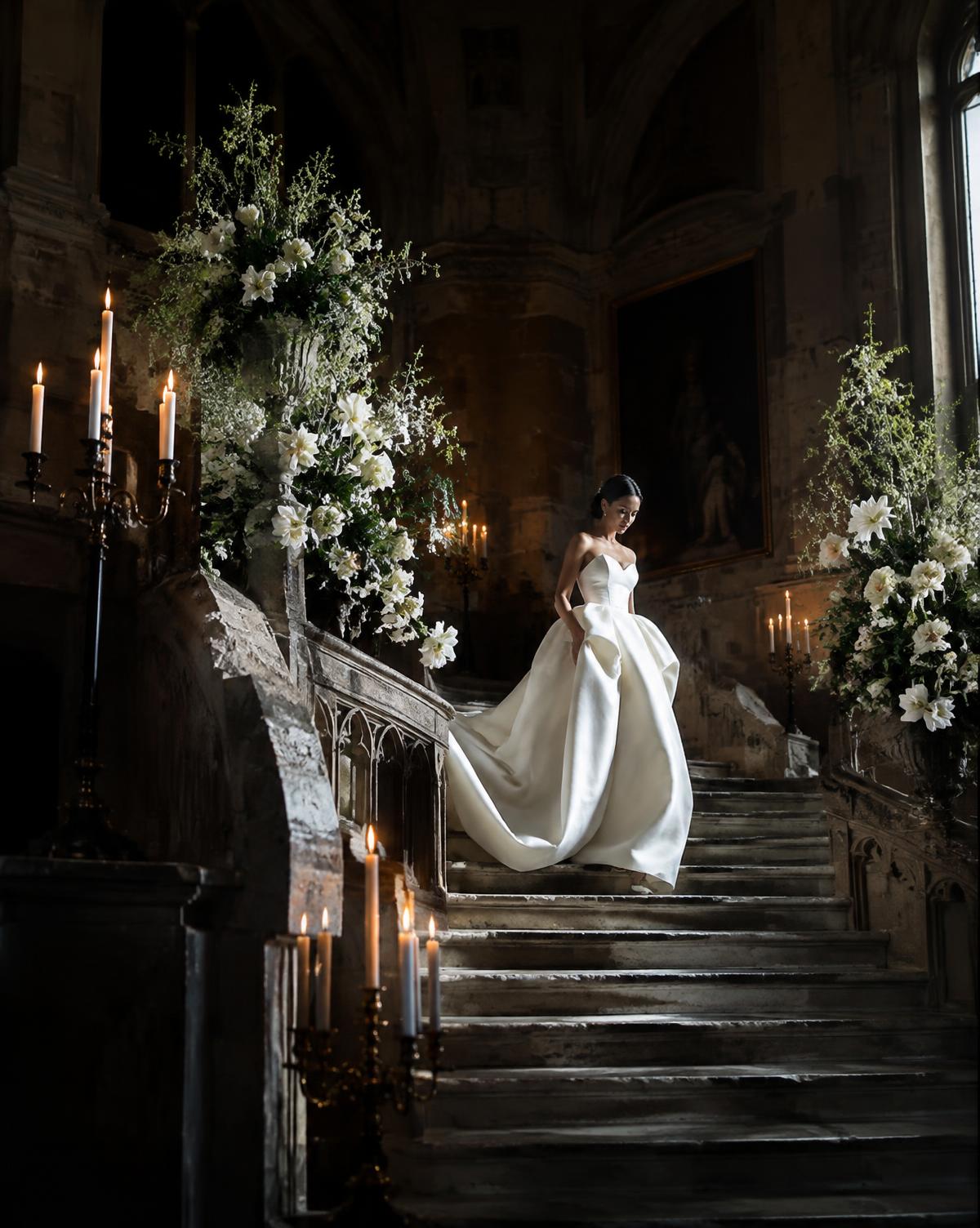 Bride in an architectural gown descending a candlelit castle staircase in Italy