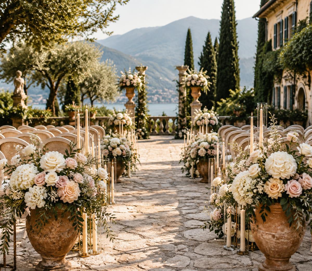 Wedding ceremony aisle in an Italian villa garden lined with ivory florals and taper candles