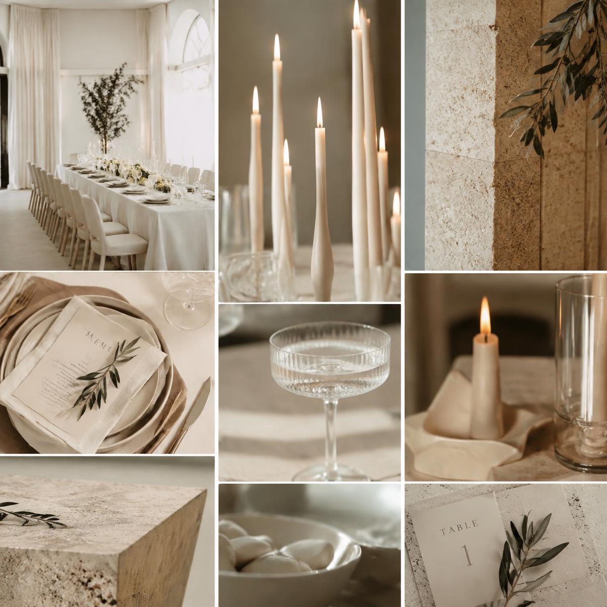 Minimalist ivory wedding décor details with taper candles, travertine and printed menus