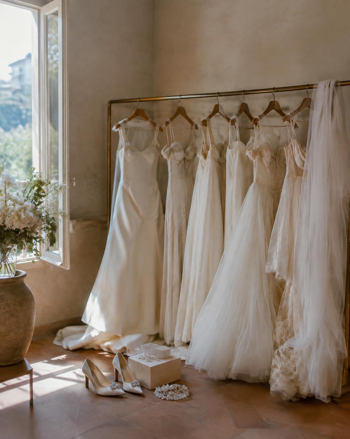 Rack of modern designer wedding dresses beside a sunlit Italian window