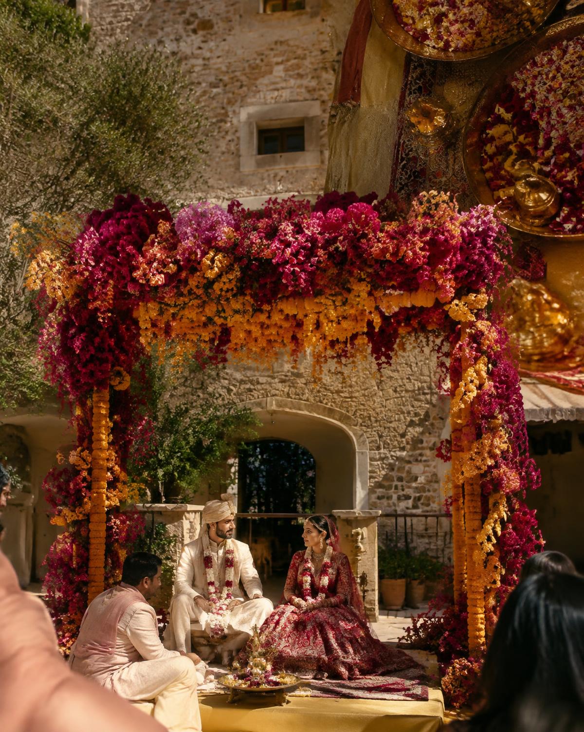 Indian wedding mandap with marigold and fuchsia florals in a Tuscan courtyard