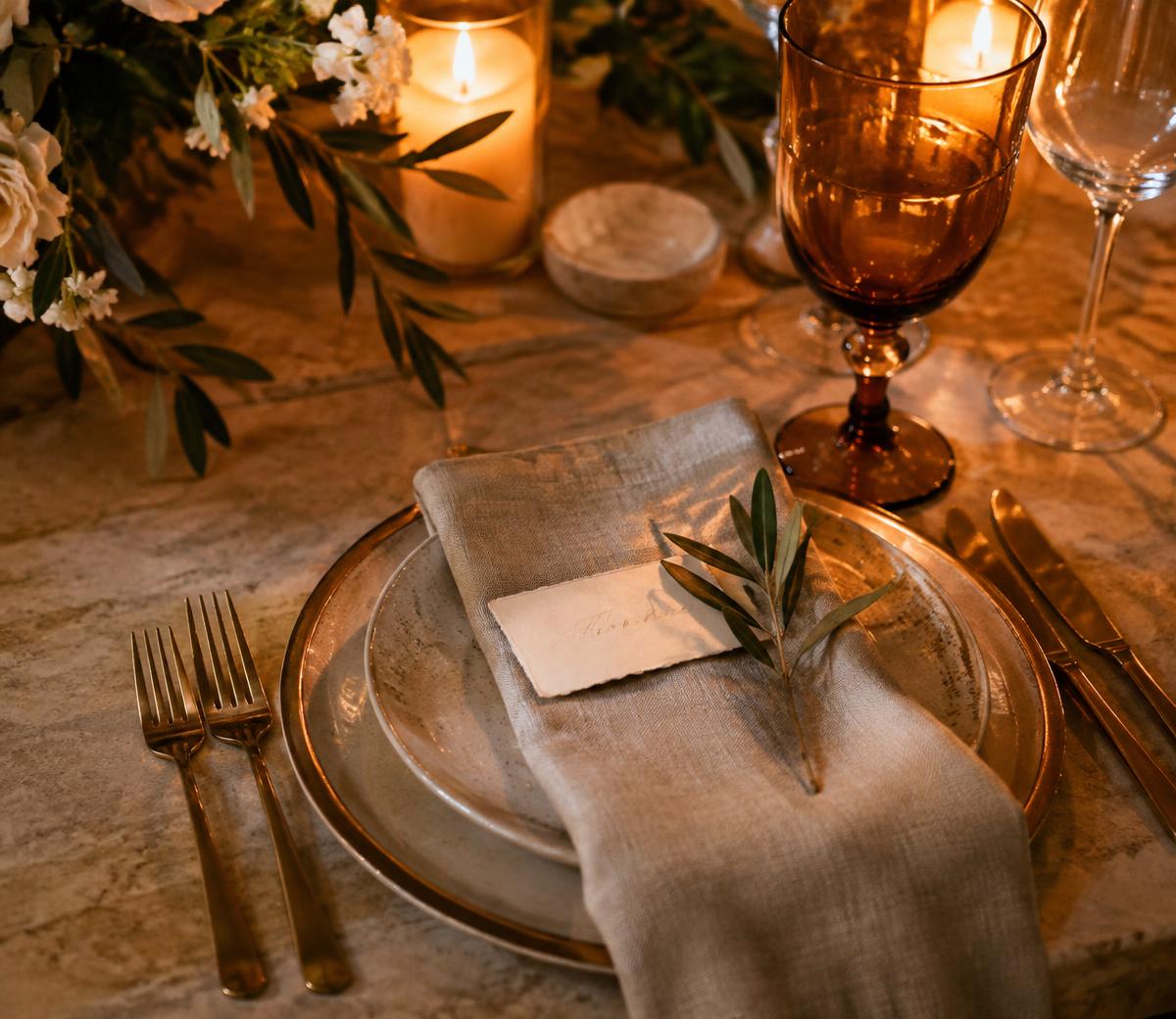 Candlelit Italian wedding place setting with linen napkin and calligraphy place card