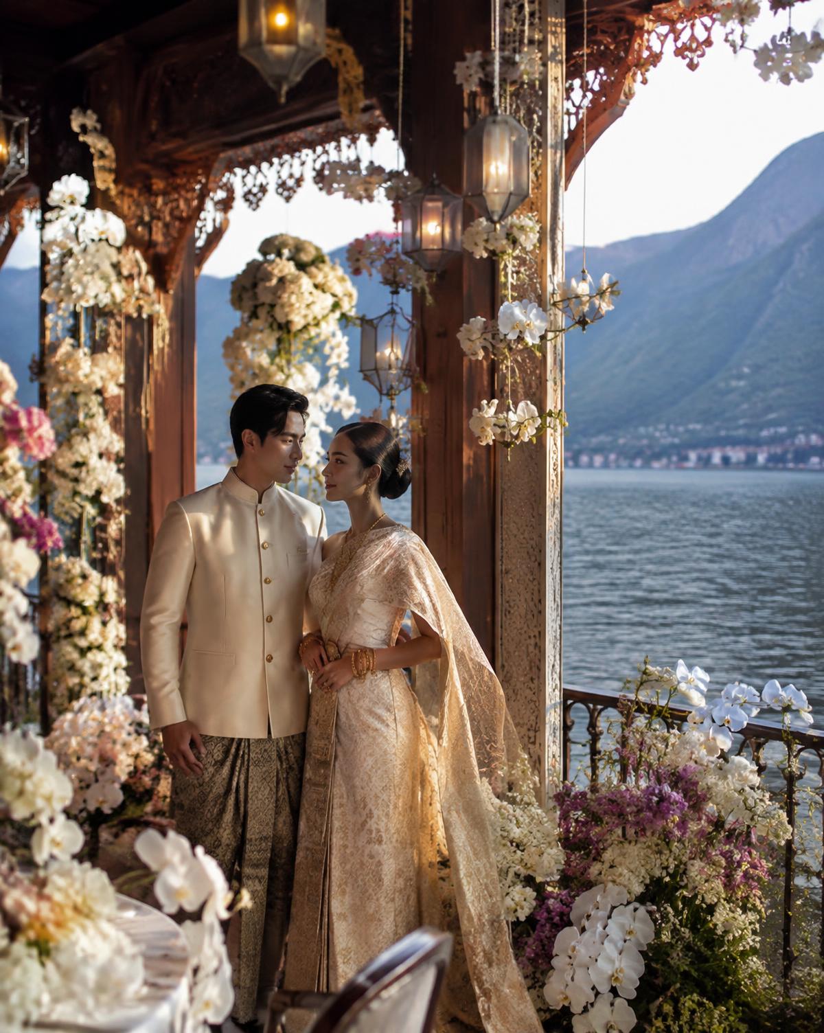 South East Asian wedding couple in silk attire beneath an orchid-covered lakeside pavilion