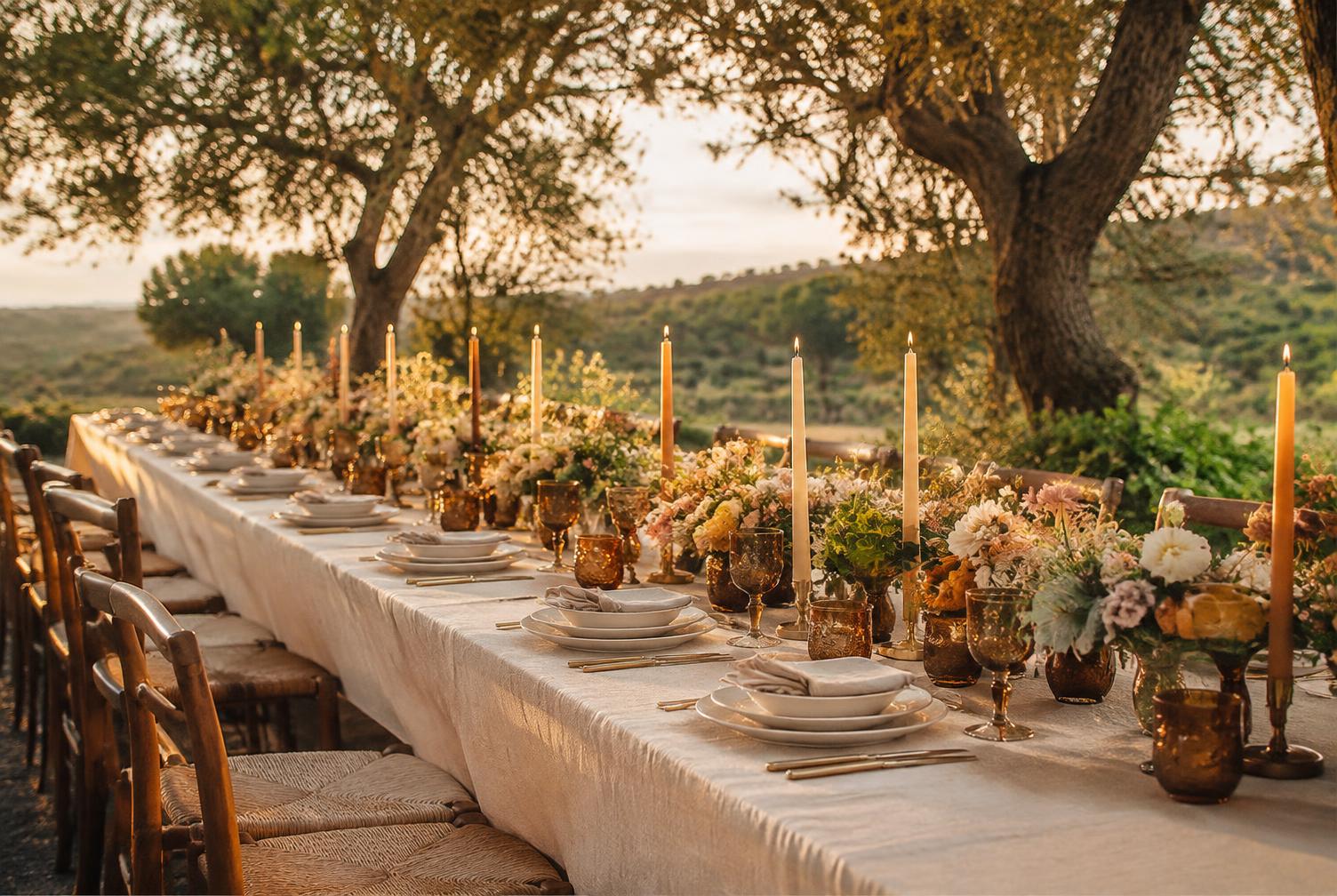 Long Tuscan wedding table under olive trees with taper candles and garden roses